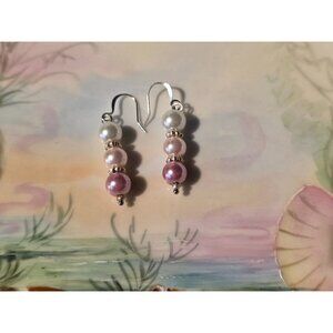 Pink & White Pearl Drop Earrings With Silver‎ Hooks